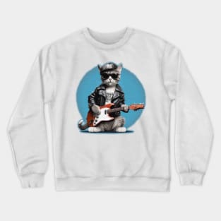 Cute Cat with leather jacket and sunglasses playing electric guitars Crewneck Sweatshirt